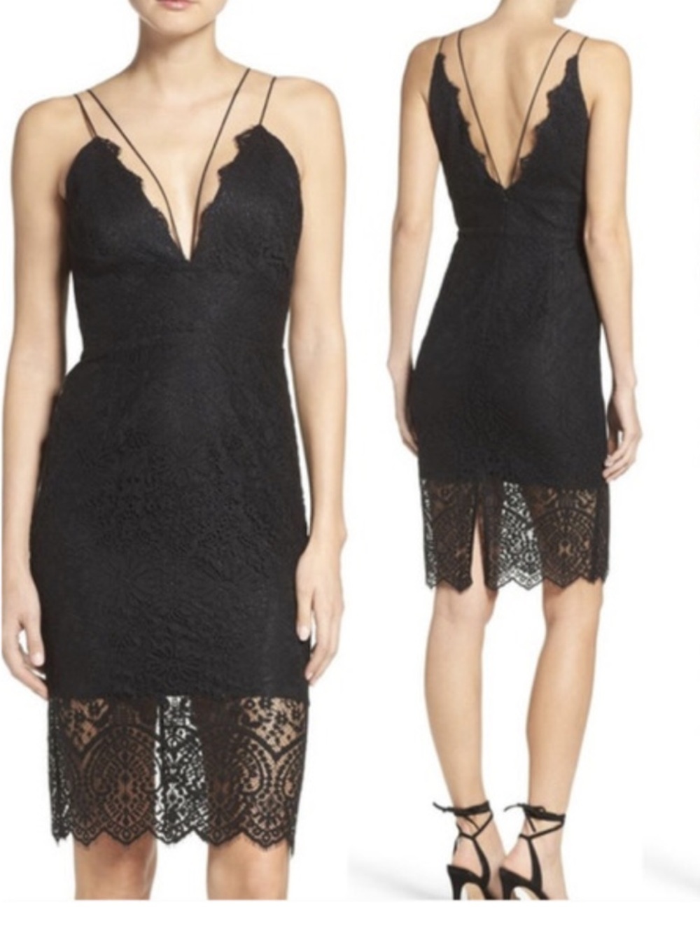 Bardot Black lace cocktail party Dress spaghetti satin straps deep V neck size 4